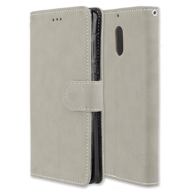 Matte Surface PU Leather 3 Card Slots Wallet Stand Phone Accessory Casing for Nokia 6 - Grey-3