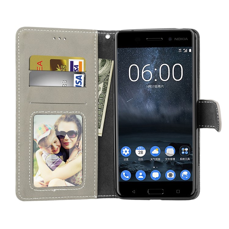 Matte Surface PU Leather 3 Card Slots Wallet Stand Phone Accessory Casing for Nokia 6 - Grey-9