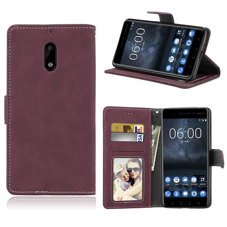 Matte Surface PU Leather 3 Card Slots Wallet Stand Phone Accessory Cover for Nokia 6 - Wine Red-1