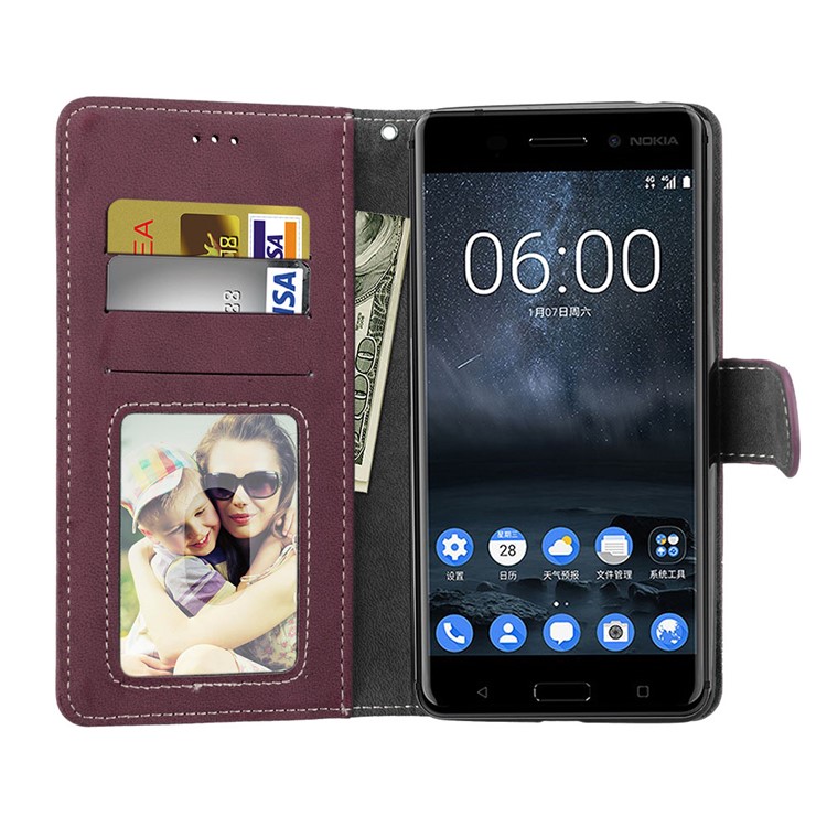 Matte Surface PU Leather 3 Card Slots Wallet Stand Phone Accessory Cover for Nokia 6 - Wine Red-9