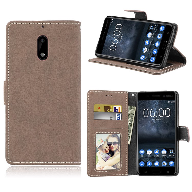 Matte Surface PU Leather 3 Card Slots Wallet Stand Phone Accessory Shell for Nokia 6 - Khaki-1