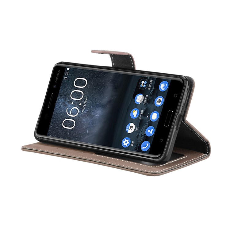 Matte Surface PU Leather 3 Card Slots Wallet Stand Phone Accessory Shell for Nokia 6 - Khaki-13