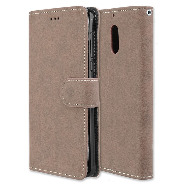 Matte Surface PU Leather 3 Card Slots Wallet Stand Phone Accessory Shell for Nokia 6 - Khaki-3