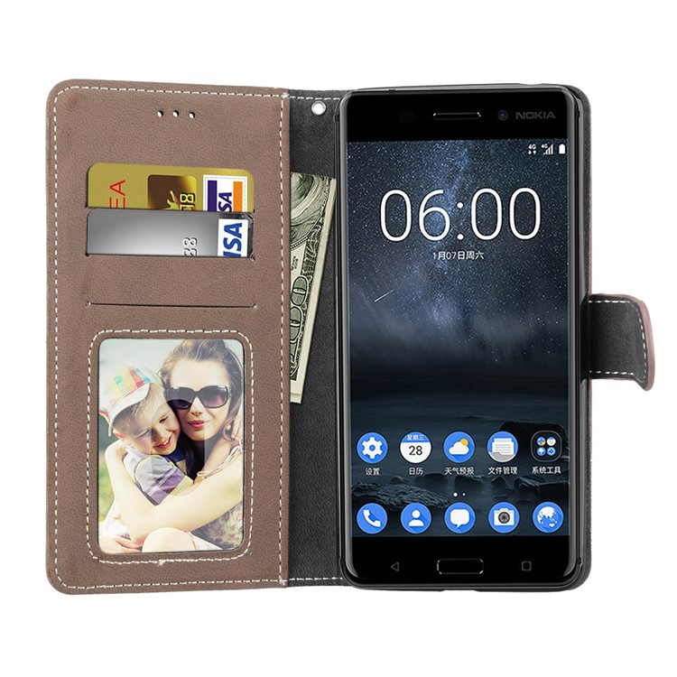 Matte Surface PU Leather 3 Card Slots Wallet Stand Phone Accessory Shell for Nokia 6 - Khaki-9