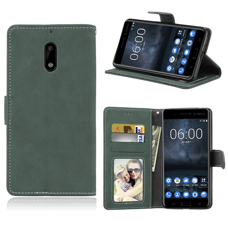 Matte Surface PU Leather 3 Card Slots Wallet Stand Phone Protection Case for Nokia 6 - Green-1