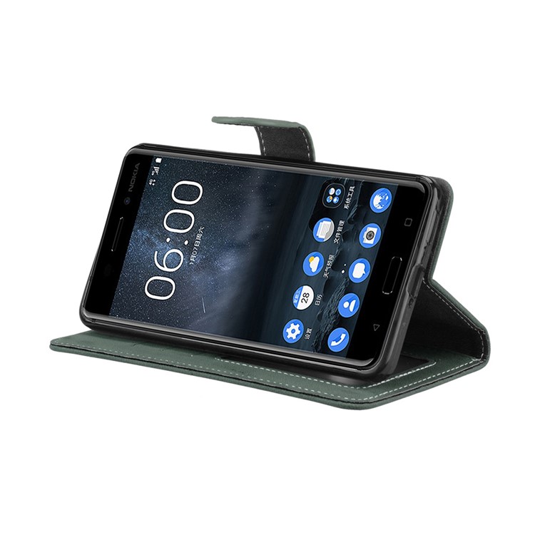 Matte Surface PU Leather 3 Card Slots Wallet Stand Phone Protection Case for Nokia 6 - Green-13