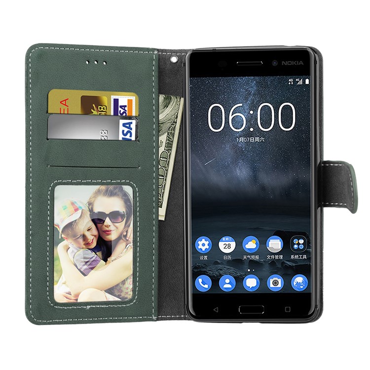 Matte Surface PU Leather 3 Card Slots Wallet Stand Phone Protection Case for Nokia 6 - Green-9