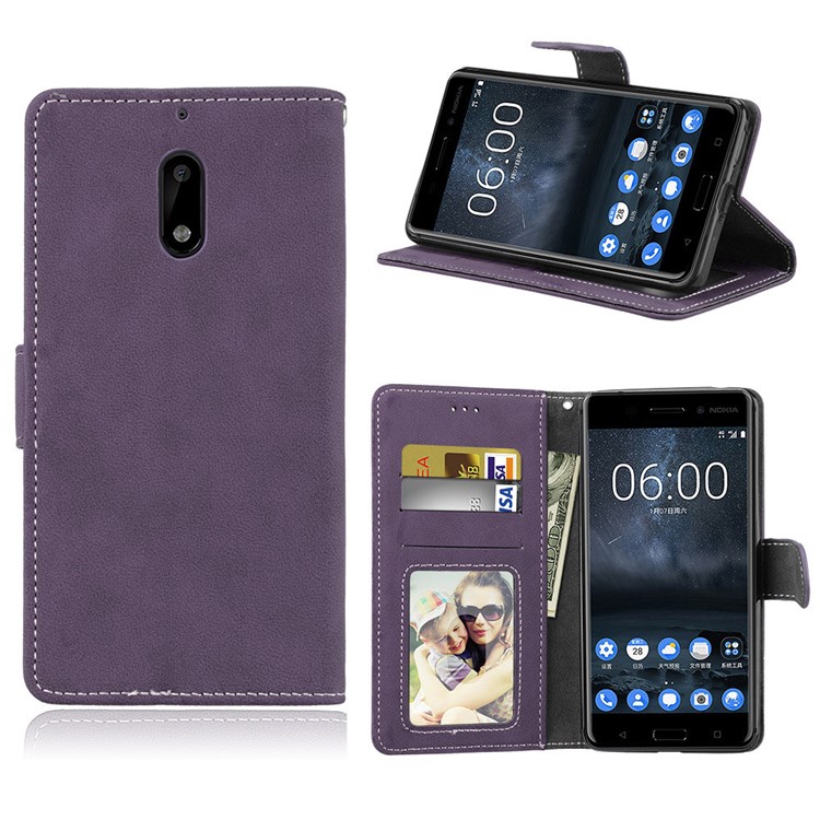 Matte Surface PU Leather 3 Card Slots Wallet Stand Phone Casing Cover for Nokia 6 - Purple-1