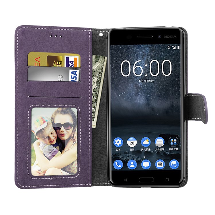 Matte Surface PU Leather 3 Card Slots Wallet Stand Phone Casing Cover for Nokia 6 - Purple-9