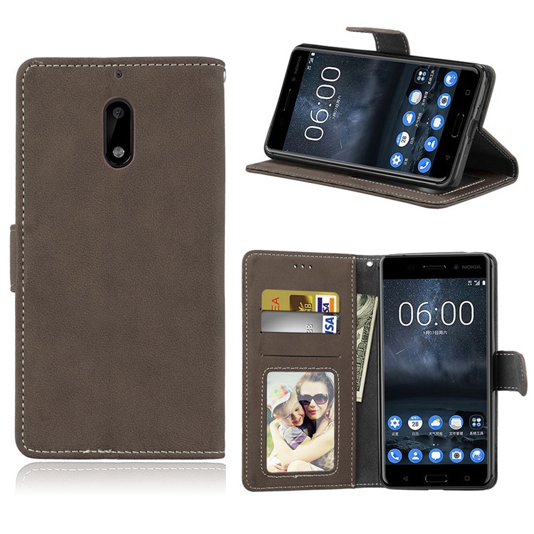 Matte Surface PU Leather 3 Card Slots Wallet Stand Mobile Phone Case for Nokia 6 - Brown-1