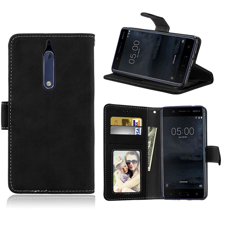 Matte Surface PU Leather 3 Card Slots Wallet Stand Cellphone Case for Nokia 5 - Black-1