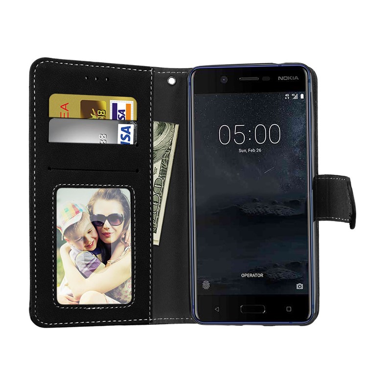 Matte Surface PU Leather 3 Card Slots Wallet Stand Cellphone Case for Nokia 5 - Black-9