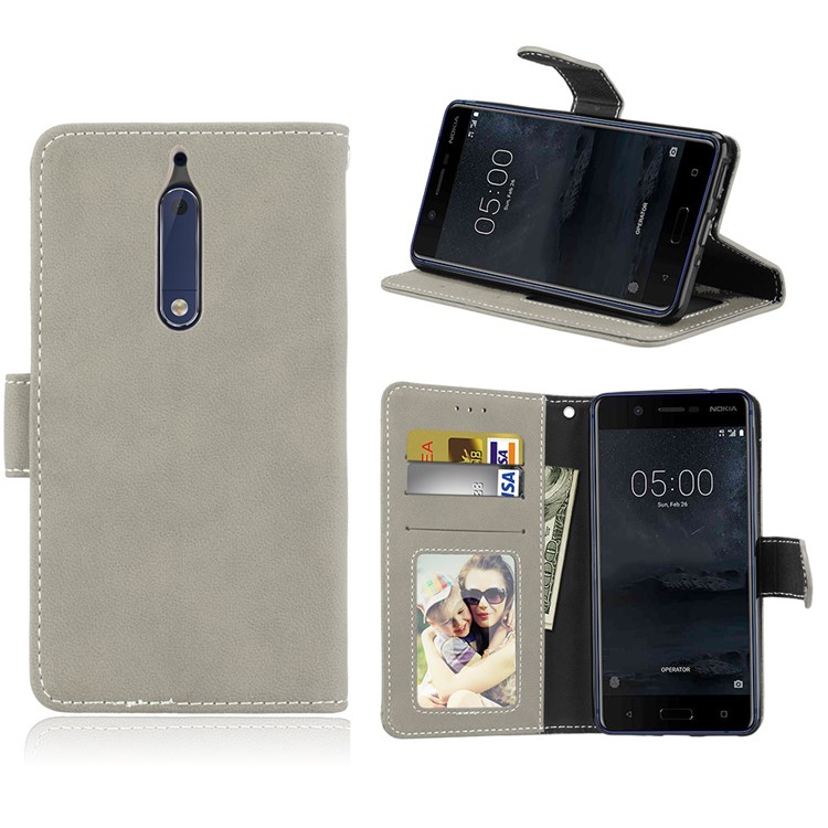Matte Surface PU Leather 3 Card Slots Wallet Stand Cellphone Cover for Nokia 5 - Grey-1