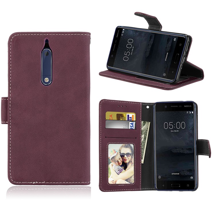 Matte Surface PU Leather 3 Card Slots Wallet Stand Cellphone Casing for Nokia 5 - Wine Red-1