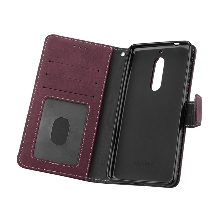 Matte Surface PU Leather 3 Card Slots Wallet Stand Cellphone Casing for Nokia 5 - Wine Red-10