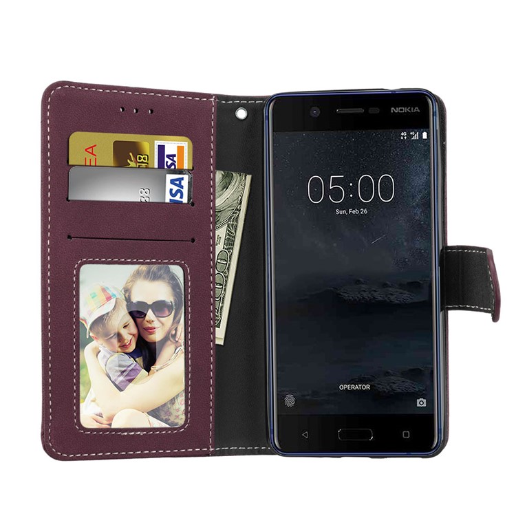 Matte Surface PU Leather 3 Card Slots Wallet Stand Cellphone Casing for Nokia 5 - Wine Red-9