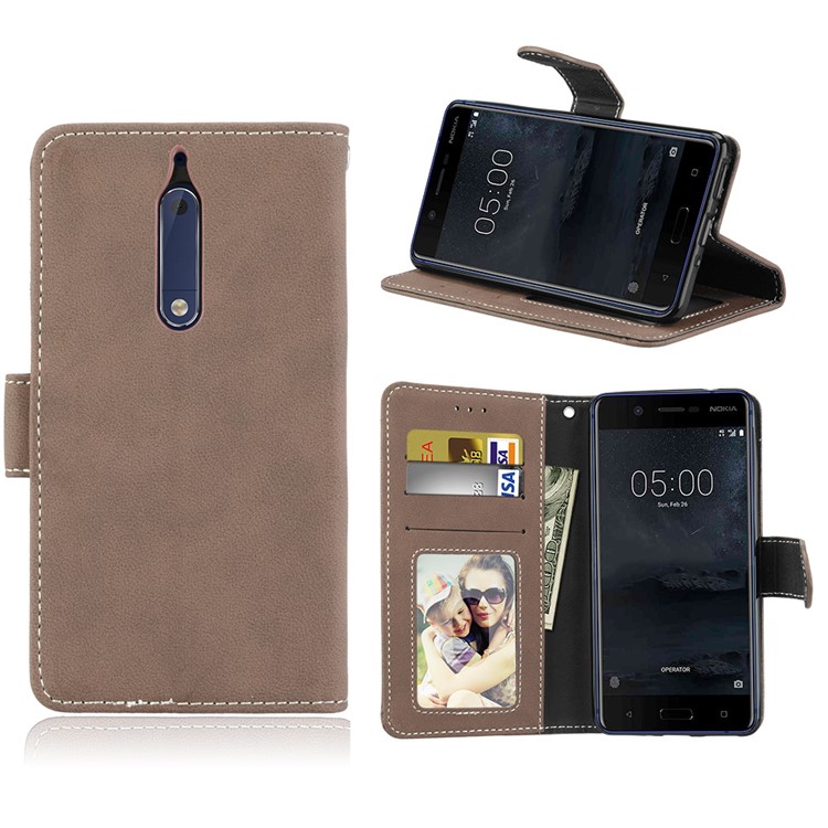 Matte Surface PU Leather 3 Card Slots Wallet Stand Cellphone Shell for Nokia 5 - Khaki-1