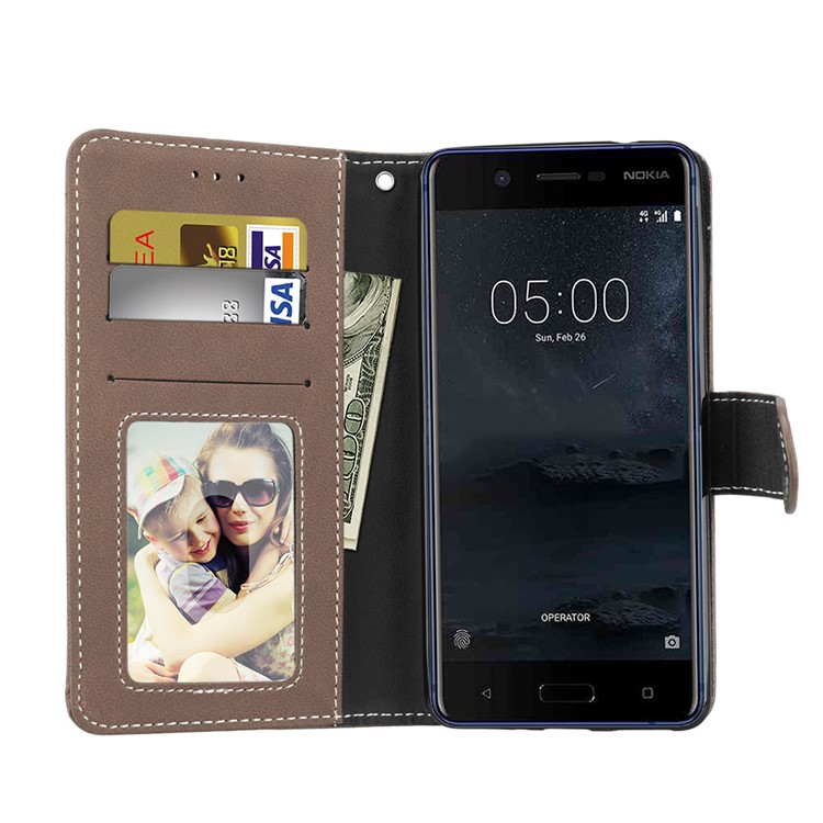 Matte Surface PU Leather 3 Card Slots Wallet Stand Cellphone Shell for Nokia 5 - Khaki-9