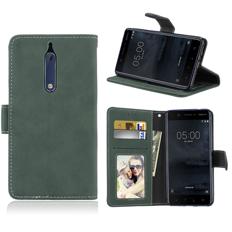 Matte Surface PU Leather 3 Card Slots Wallet Stand Phone Casing for Nokia 5 - Green-1