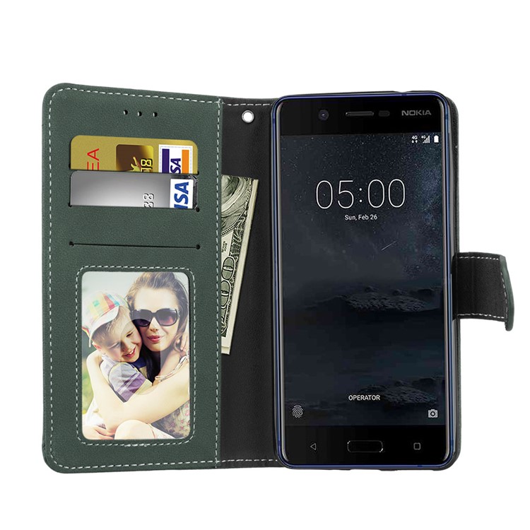 Matte Surface PU Leather 3 Card Slots Wallet Stand Phone Casing for Nokia 5 - Green-9