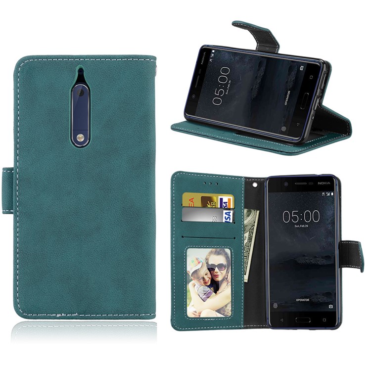 Matte Surface PU Leather 3 Card Slots Wallet Stand Phone Cover for Nokia 5 - Blue-1