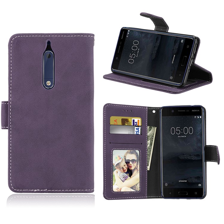 Matte Surface PU Leather 3 Card Slots Wallet Stand Cellphone Accessory Cover for Nokia 5 - Purple-1