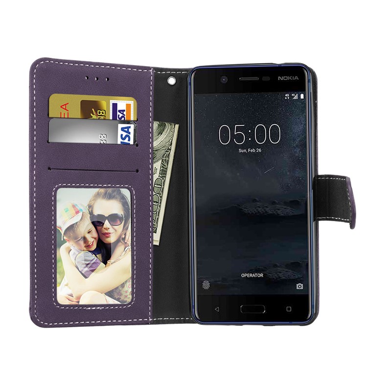 Matte Surface PU Leather 3 Card Slots Wallet Stand Cellphone Accessory Cover for Nokia 5 - Purple-9