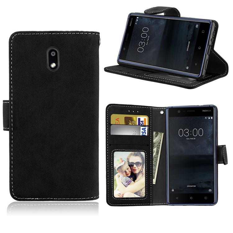 Matte Finish Wallet PU Leather Stand Case for Nokia 3 - Black-1