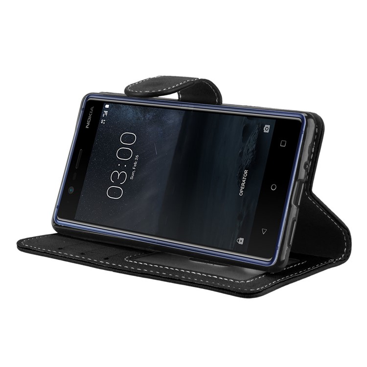 Matte Finish Wallet PU Leather Stand Case for Nokia 3 - Black-13