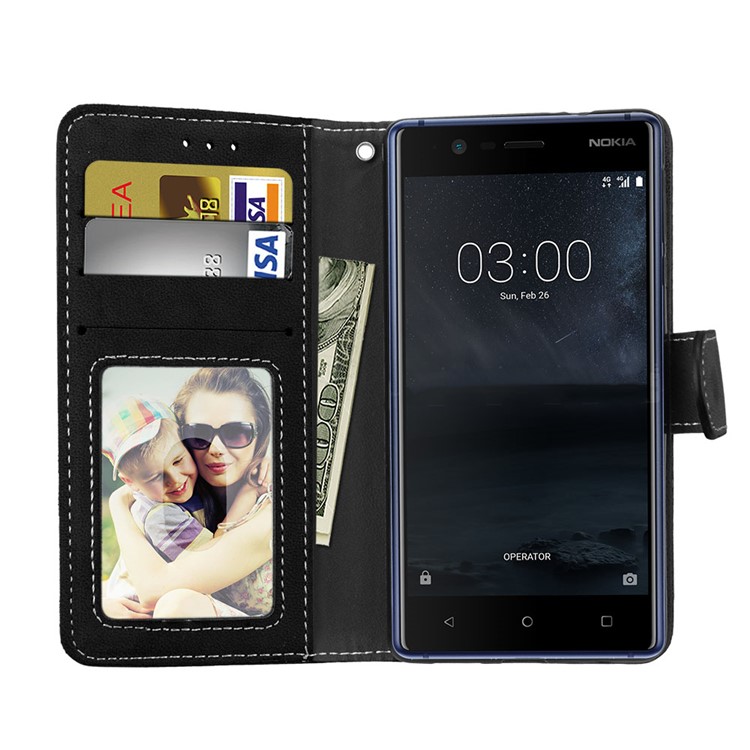 Matte Finish Wallet PU Leather Stand Case for Nokia 3 - Black-9