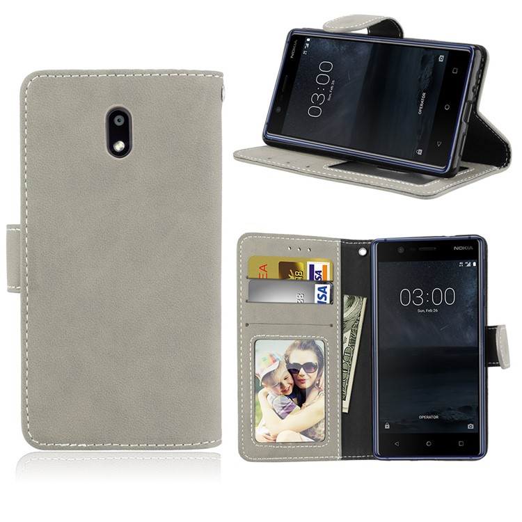 Matte Finish Wallet PU Leather Stand Cover for Nokia 3 - Grey-1