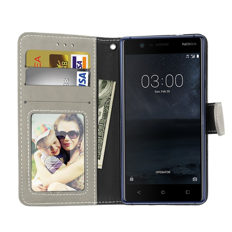 Matte Finish Wallet PU Leather Stand Cover for Nokia 3 - Grey-9