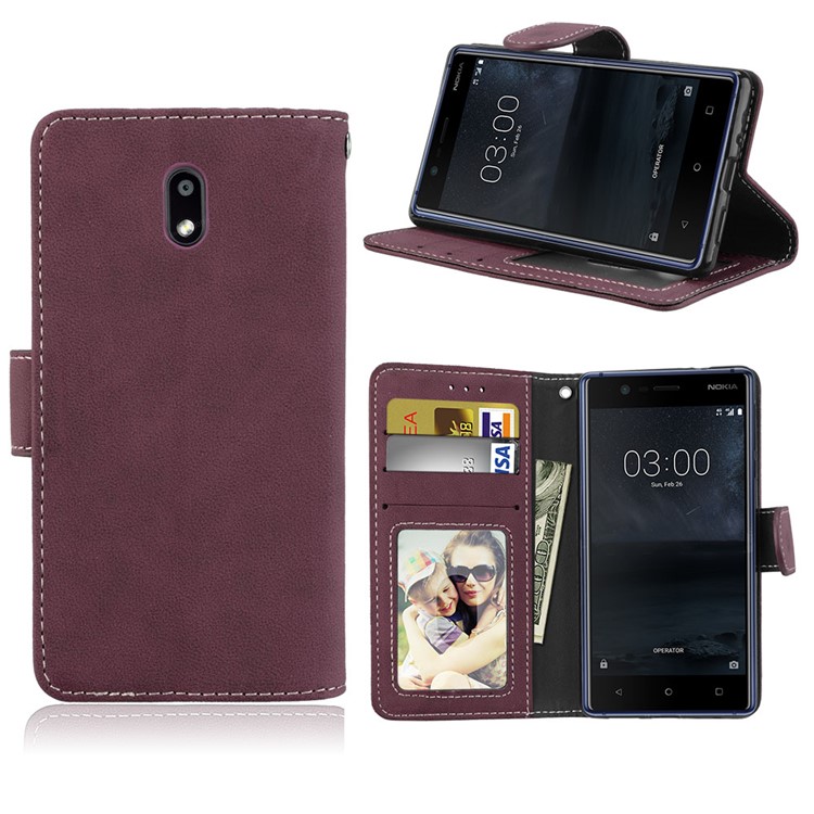 Matte Finish Wallet PU Leather Stand Shell for Nokia 3 - Wine Red-1