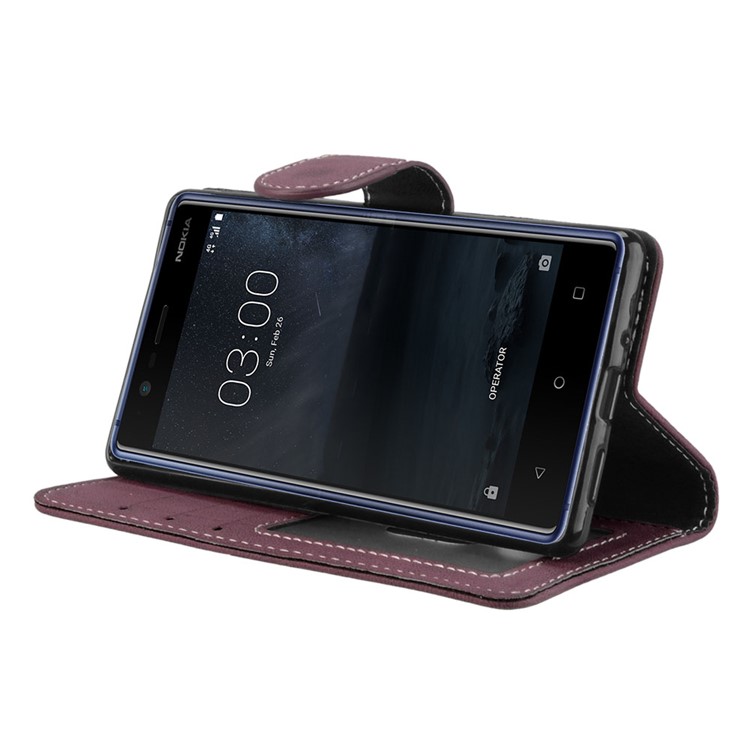 Matte Finish Wallet PU Leather Stand Shell for Nokia 3 - Wine Red-13