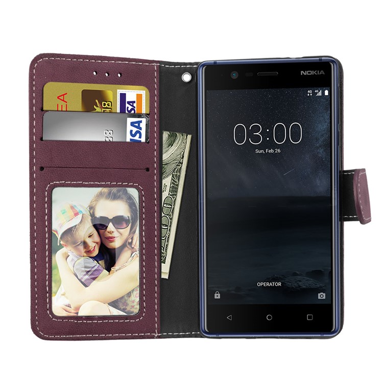 Matte Finish Wallet PU Leather Stand Shell for Nokia 3 - Wine Red-9
