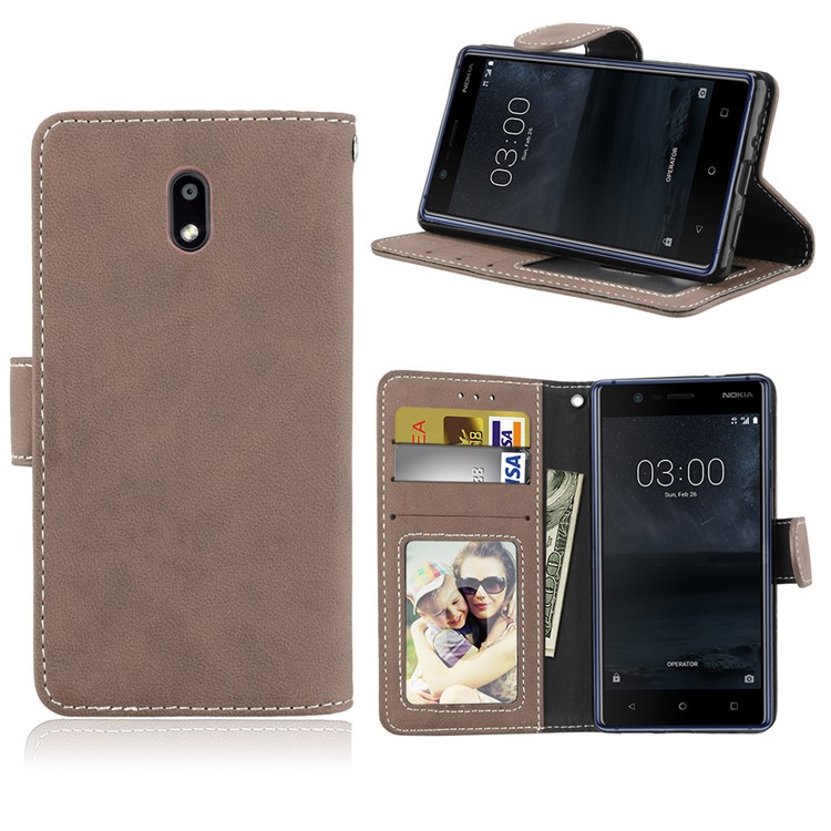 Matte Finish Wallet PU Leather Stand Casing for Nokia 3 - Khaki-1