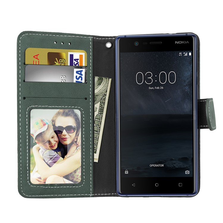 Matte Finish Wallet PU Leather Stand Mobile Phone Case for Nokia 3 - Green-9