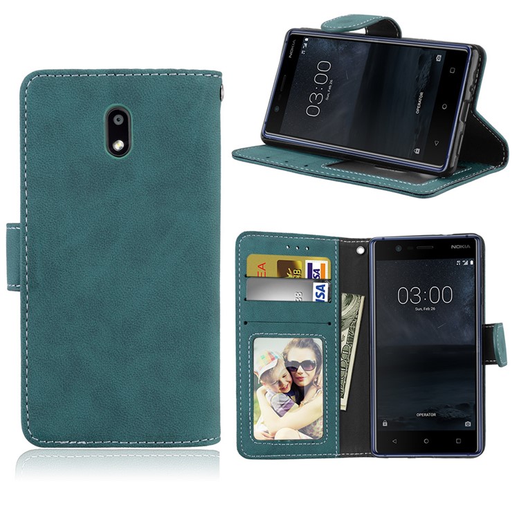 Matte Finish Wallet PU Leather Stand Cell Phone Case for Nokia 3 - Blue-1
