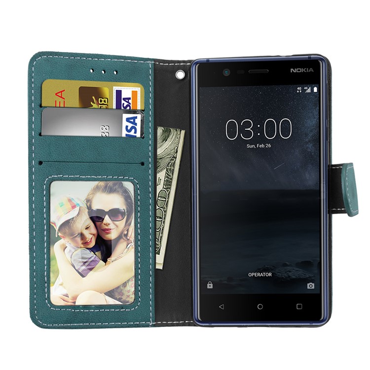 Matte Finish Wallet PU Leather Stand Cell Phone Case for Nokia 3 - Blue-9