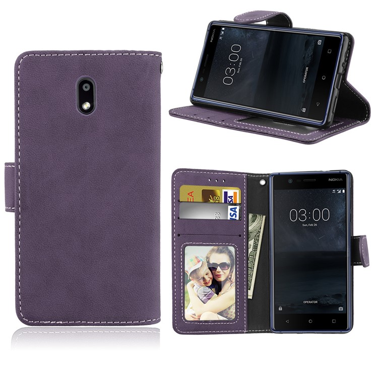 Matte Finish Wallet PU Leather Stand Mobile Phone Cover for Nokia 3 - Purple-1