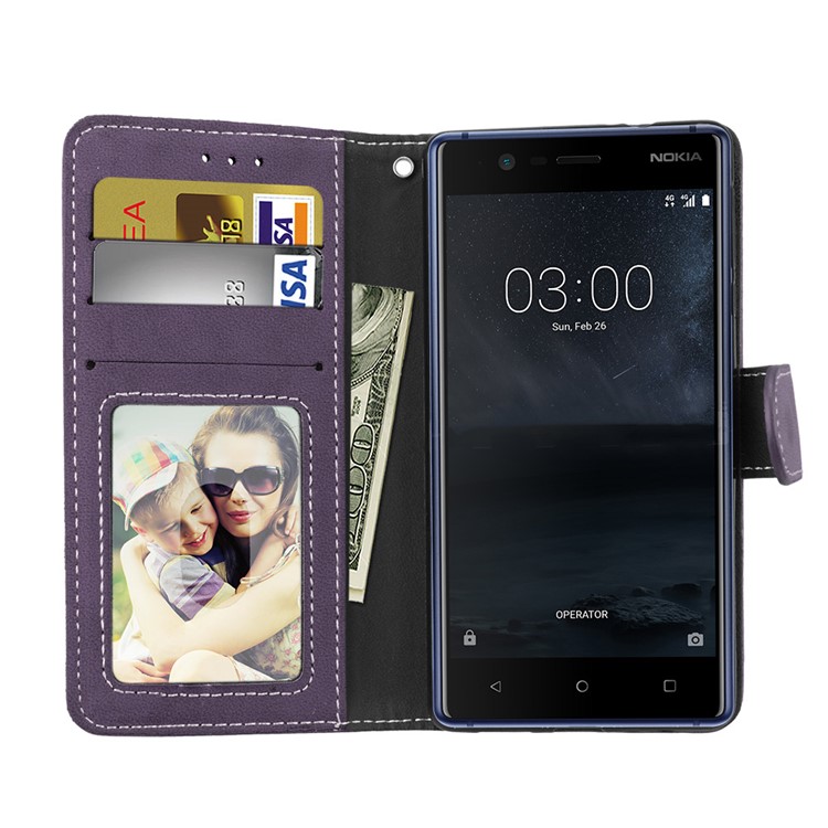 Matte Finish Wallet PU Leather Stand Mobile Phone Cover for Nokia 3 - Purple-9