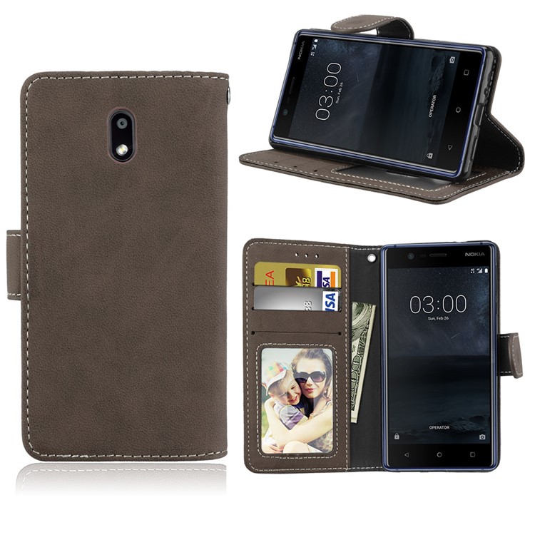 Matte Finish Wallet PU Leather Stand Cell Phone Cover for Nokia 3 - Brown-1