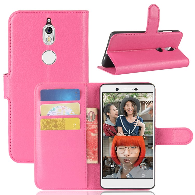Litchi Skin Leather Stand Case with Card Slots for Nokia 7 - Rose-1