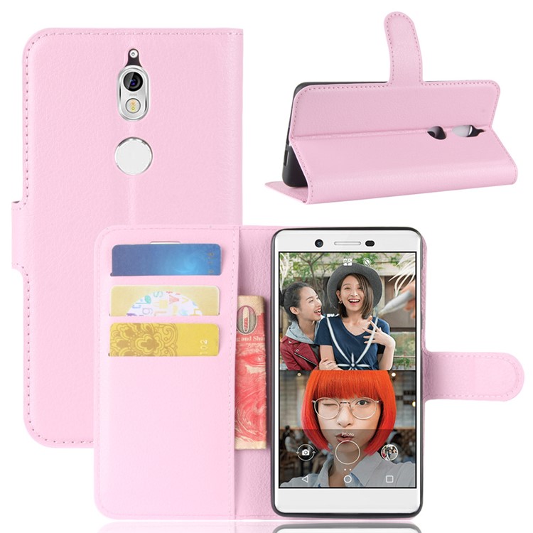 Litchi Skin Leather Stand Cover with Card Slots for Nokia 7 - Pink-1