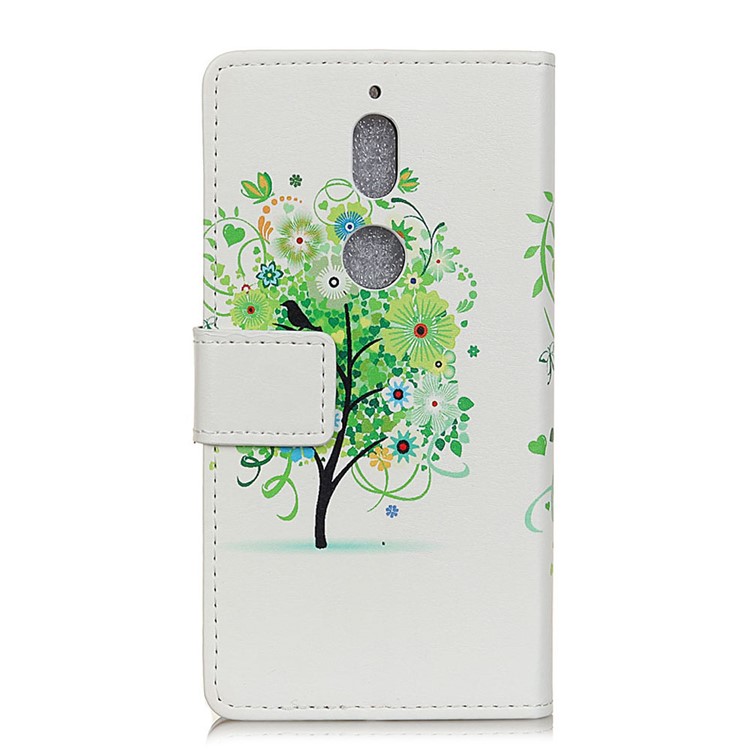 Pattern Printing PU Leather Card Holder Mobile Cover for Nokia 7 - Green Flower Tree-3