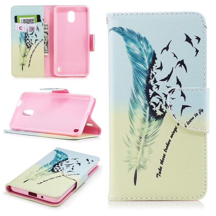 Pattern Printing PU Leather Magnetic Wallet Stand Mobile Phone Cover for Nokia 2 - Feather-1