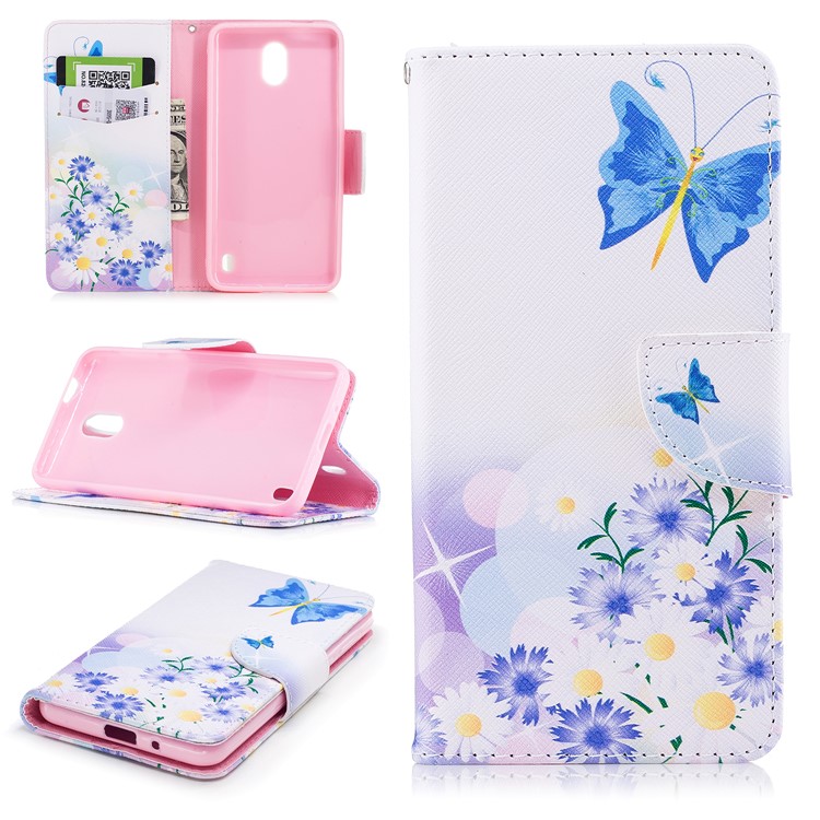 Pattern Printing PU Leather Magnetic Wallet Stand Protective Cover for Nokia 2 - Butterflies and Daisy-1
