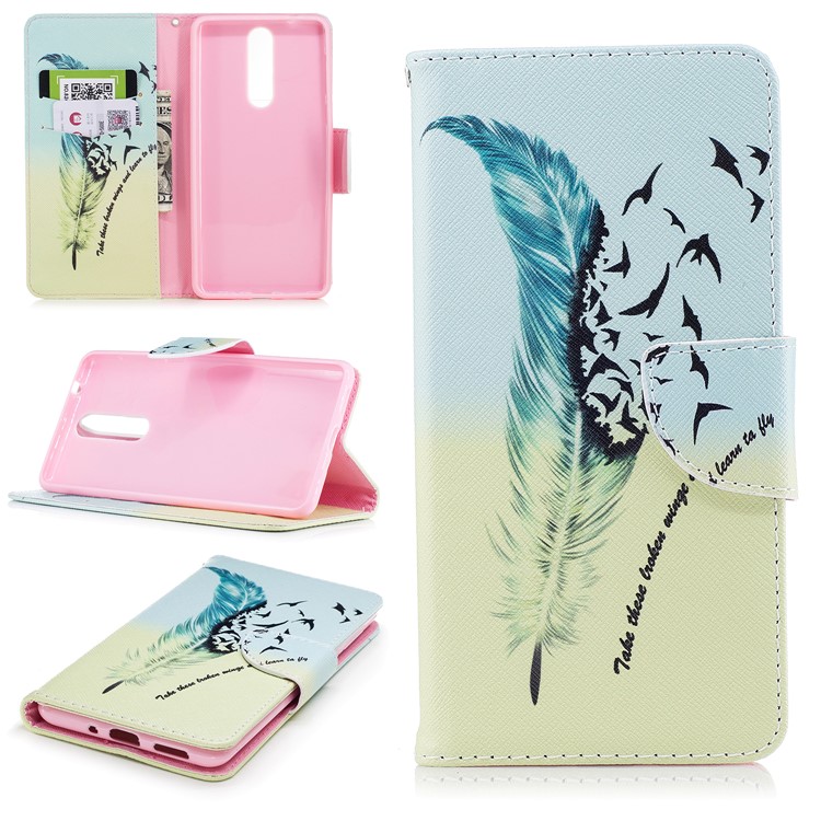 Pattern Printing PU Leather Wallet Phone Case with Stand for Nokia 8 - Feather and Birds-1