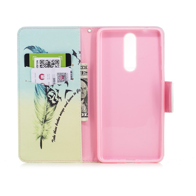Pattern Printing PU Leather Wallet Phone Case with Stand for Nokia 8 - Feather and Birds-8