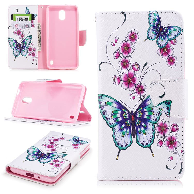 Pattern Printing PU Leather Wallet Stand Cell Phone Case for Nokia 2 - Green and Purple Butterfies-1